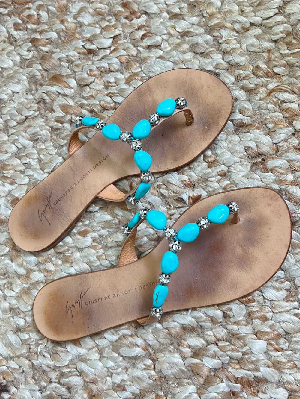 Giuseppe Zanotti Turquoise Beaded T-Strap Sandals 7.5